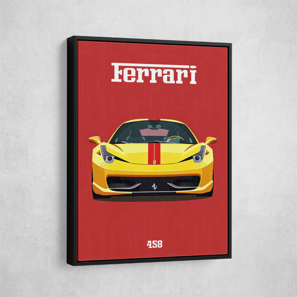 Ferrari 458 Yellow on Red Poster Style Wall Art